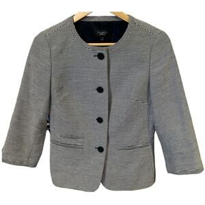 TALBOTS Women's Stripe Collarless Blazer 4  Navy White 3/4 Sleeve Cotton Blend